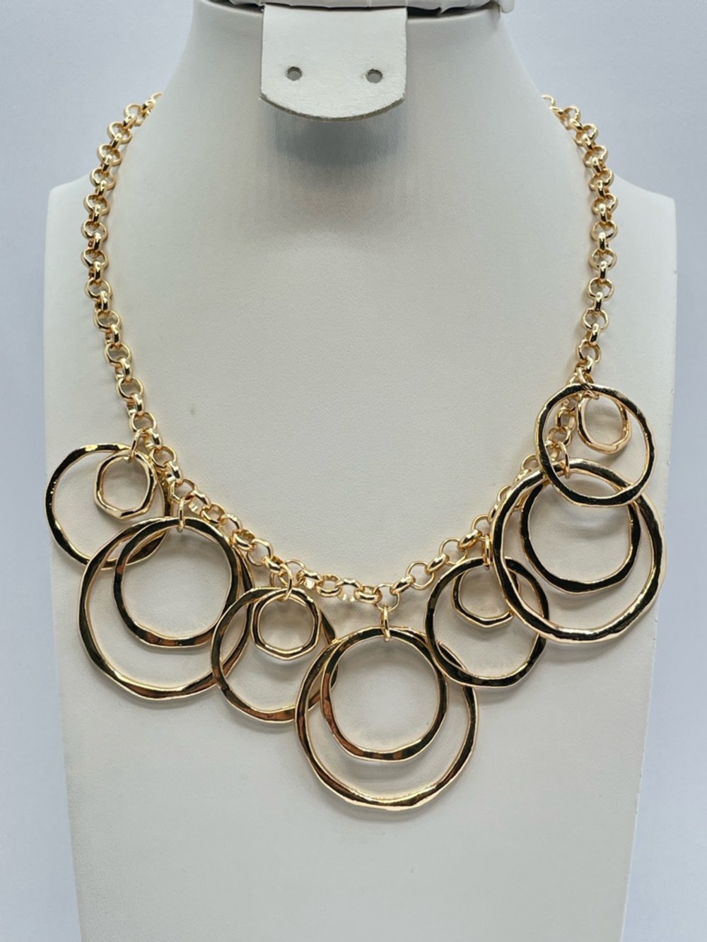 Gold Tone Hammered Circle Statement Necklace Modern Layered Chain